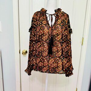 NWOT MISS JUNE PARIS METALLIC BROWN PAISLEY SHEER BOHO TUNIC BLOUSE TOP